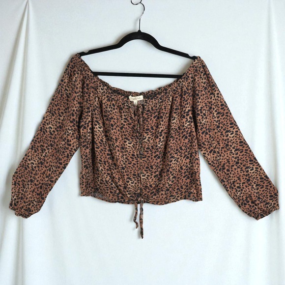 Rewind Leopard Print Long Sleeve Tie Front Off Shoulder Top Woman Large Cropped - Picture 1 of 8